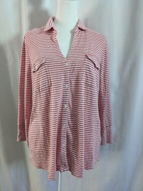 J McLaughlin Womens Top Large Pink White Stripe Knit Linen Blend 3/4 Sleeve